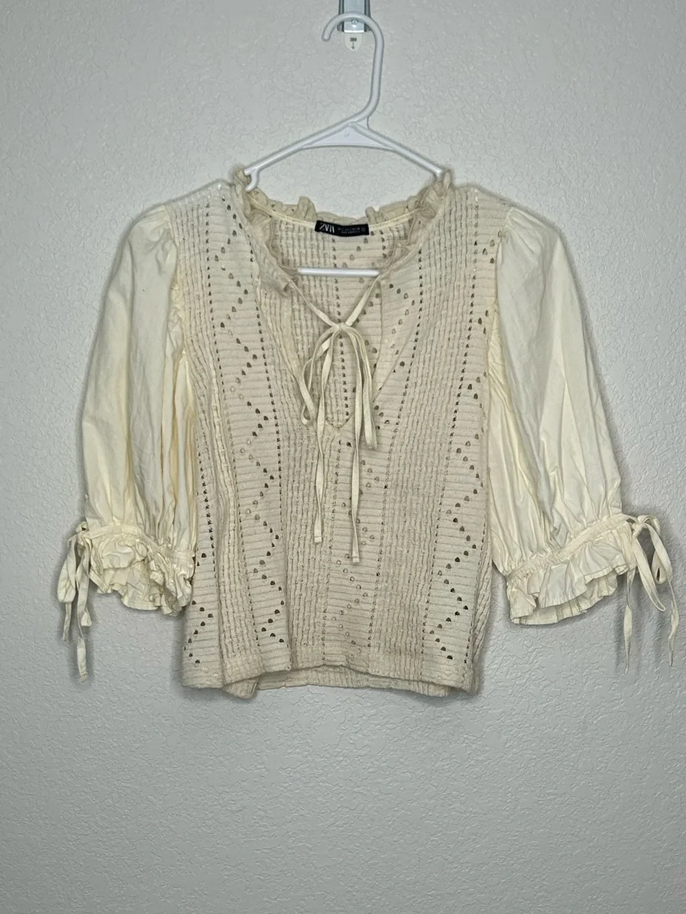 Zara Cream Crochet Tie-Front Peasant Blouse